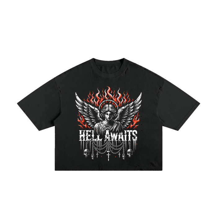 Hell Awaits,marble statue,gothic art,heavy metal,streetwear,dark aesthetics,ominous