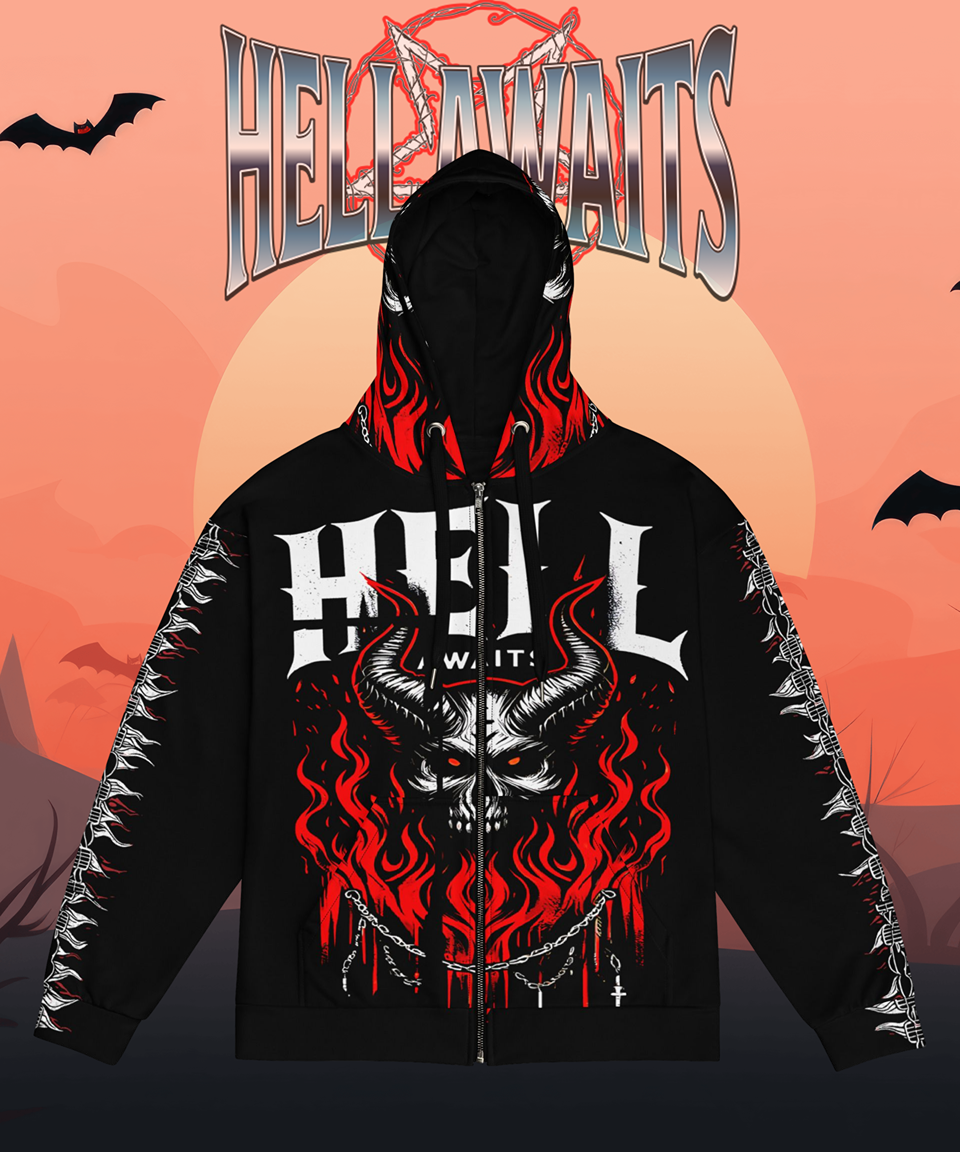 HELL AWAITS 666 AOP INFERNAL SKULL HOODIE