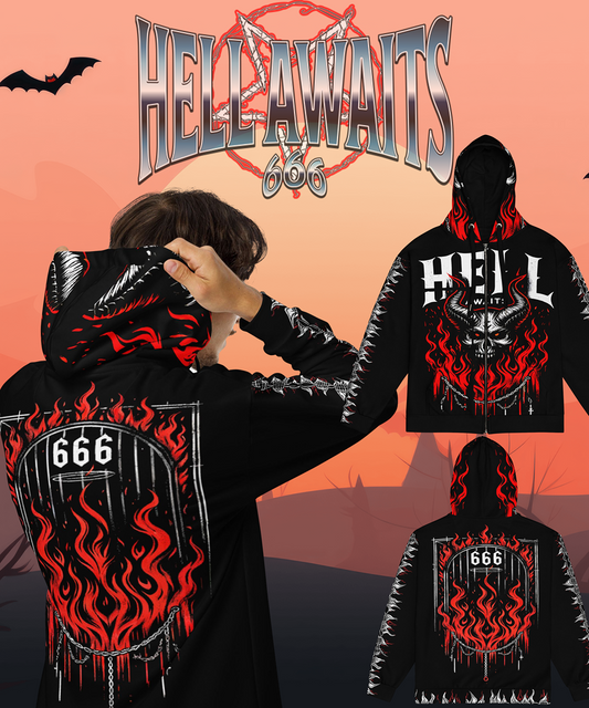 HELL AWAITS 666 AOP INFERNAL SKULL HOODIE