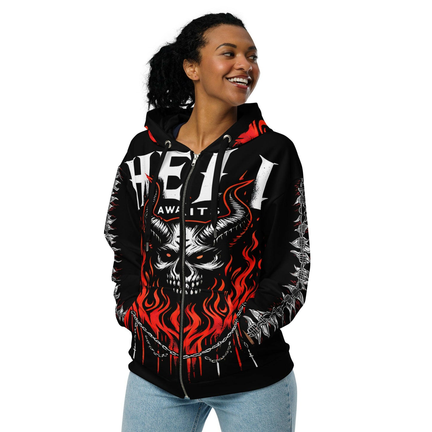 HELL AWAITS 666 AOP INFERNAL SKULL HOODIE